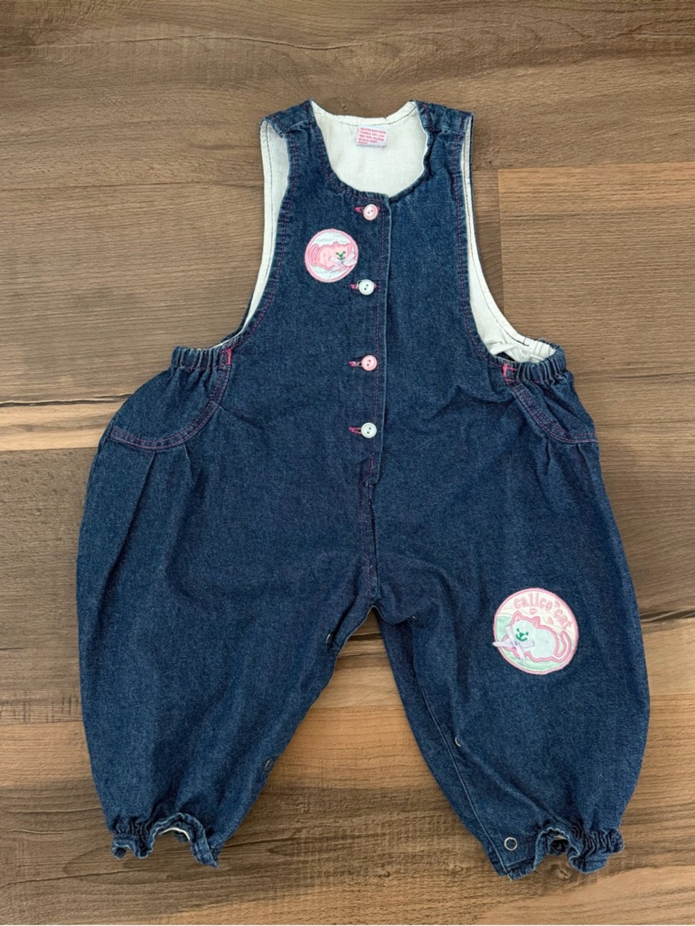 Vintage KMART Toddler Denim Pink Cat Bubble Pants Romper Size 12 Months